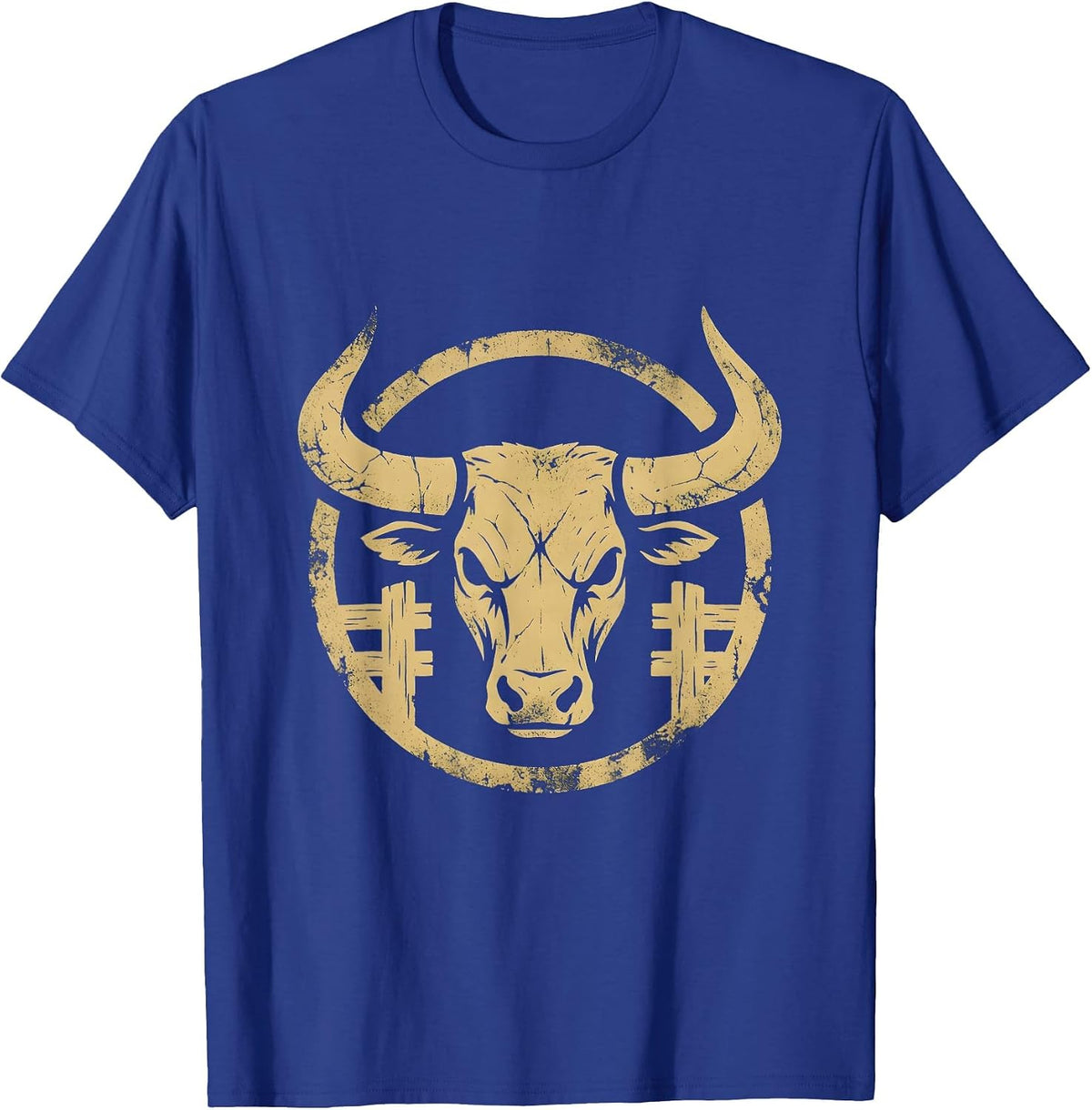 Men's Bull Bursting Through Rodeo Gate Graphic Tee T-Shirt - Royal Blue