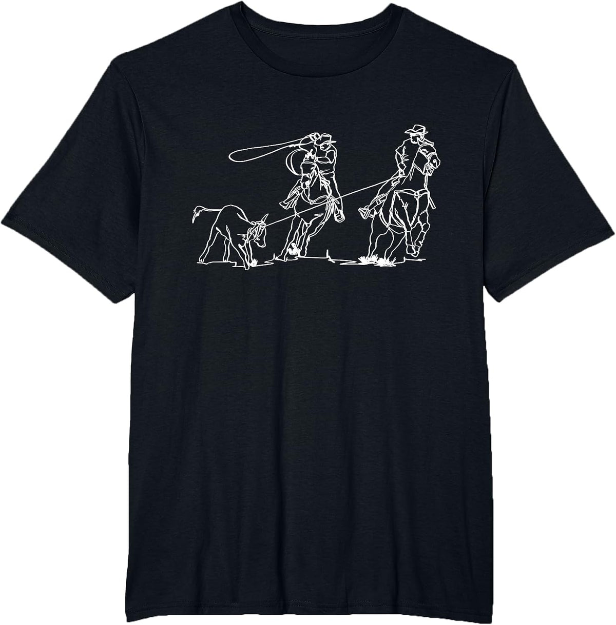 Team Roping Rodeo Cowboy Western Country One Line Art T-Shirt - Black