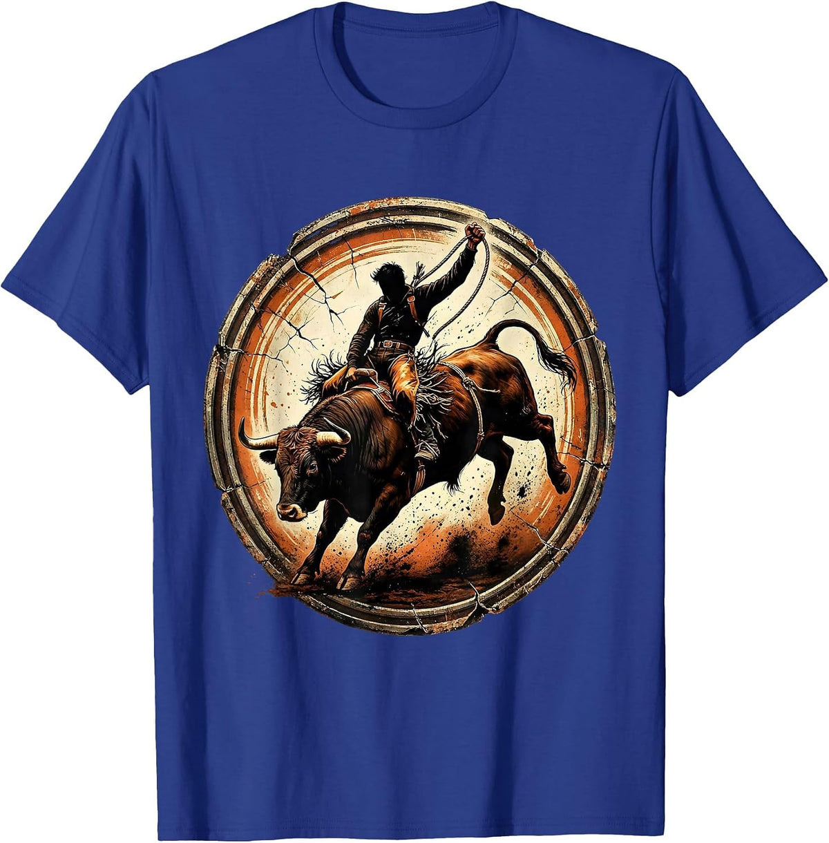 Bull Rider Gripping Rope Mid-Buck Rodeo Graphic T-Shirt - Royal Blue