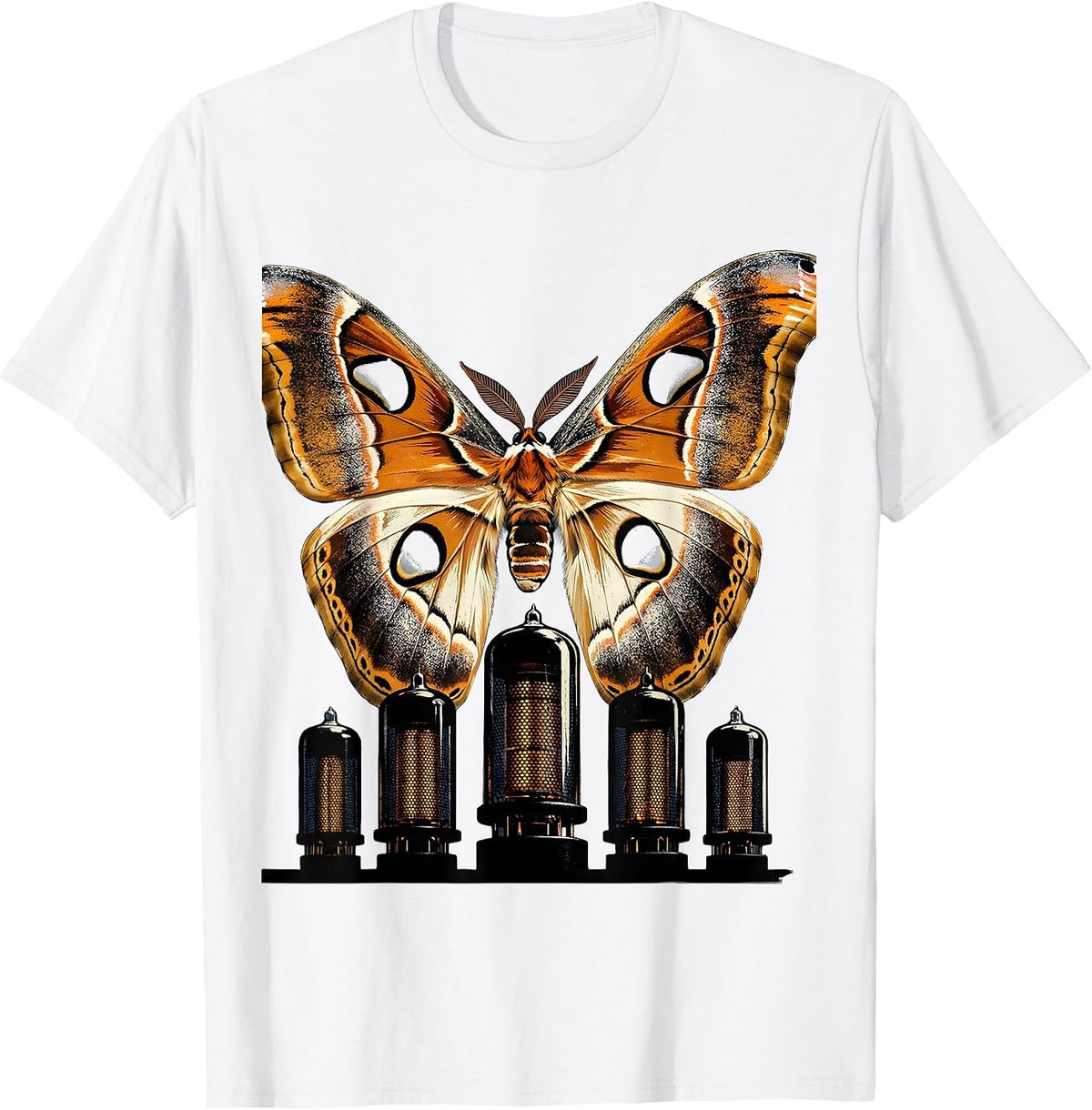 Men's Moth and Glowing Amp Tubes Rock Music Design T-Shirt - White