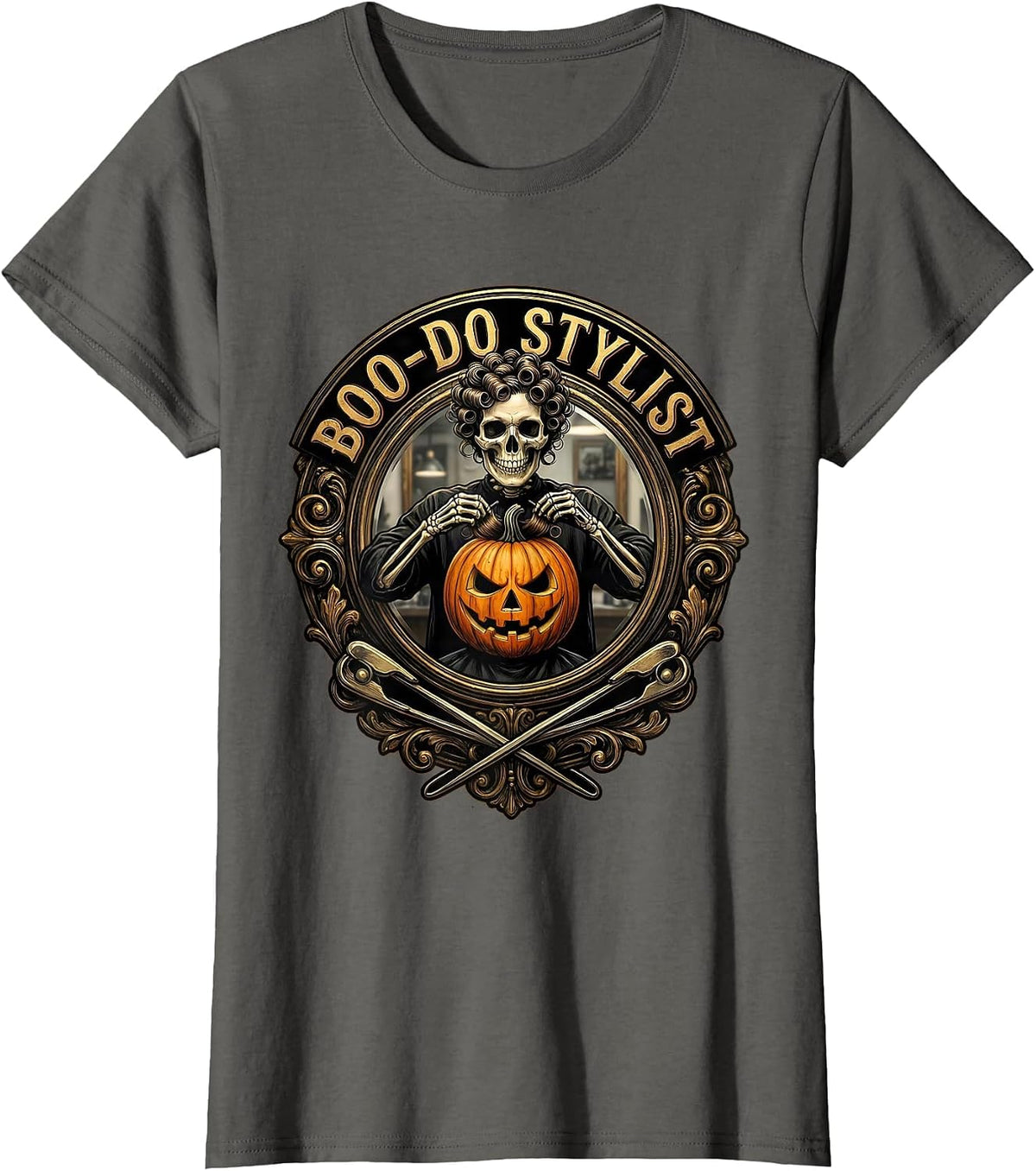 Women's Boo-Do Stylist Skeleton Hairstylist Halloween Barber Humor T-Shirt - Asphalt Grey