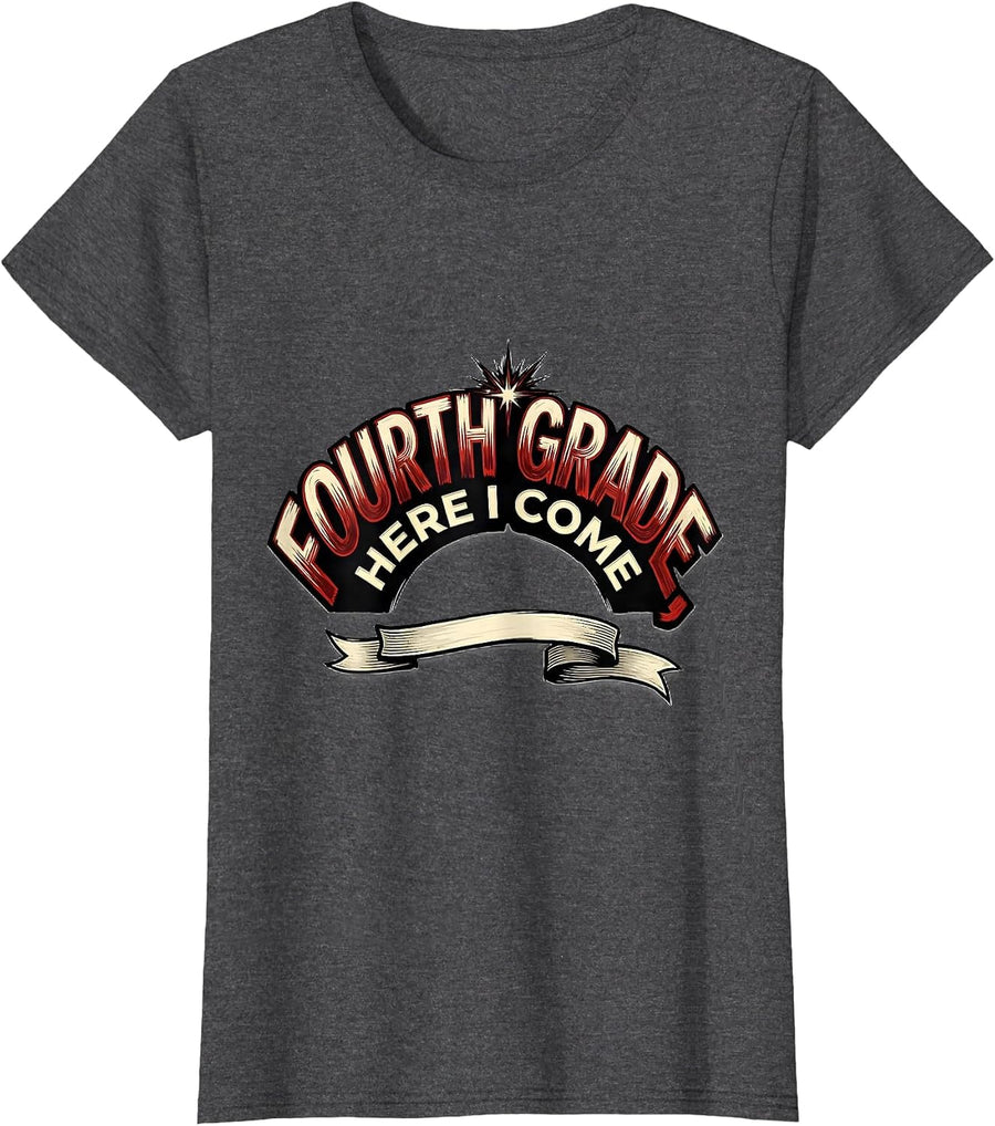 Women's Fourth Grade Here I Come Preppy Teacher Back To School Girls T-Shirt - Dark Heather Grey