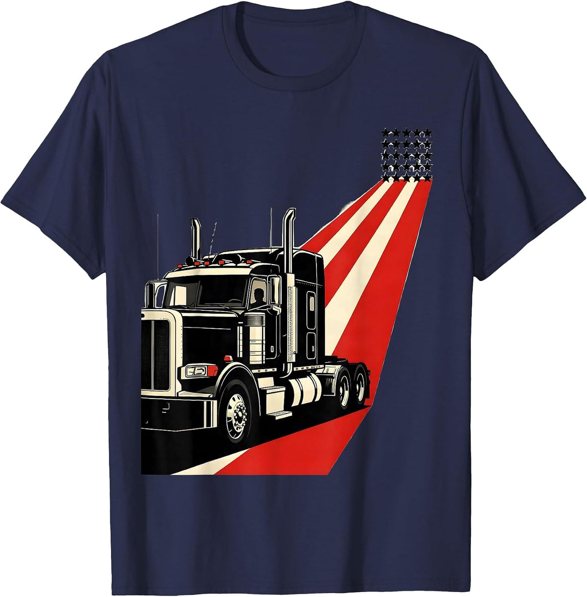Semi Truck American Flag Driver Trucker Patriotic T-Shirt - Navy Blue