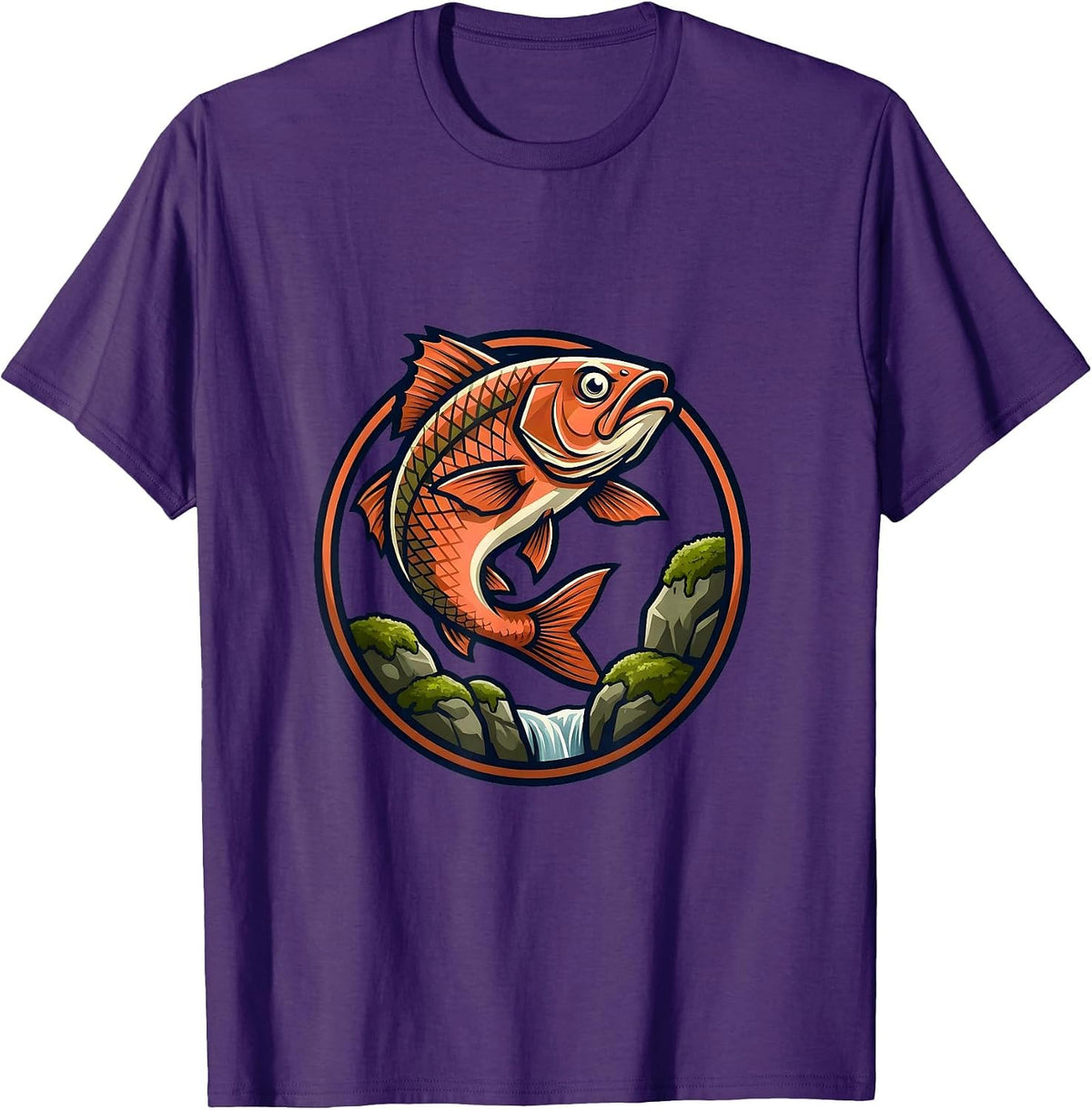 Salmon Jumping Over Mossy Waterfall Rocks T-Shirt - Purple