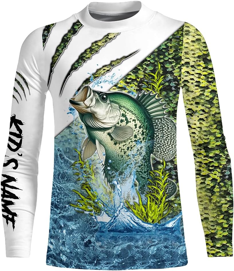 Crappie Fishing Green Scales Freshwater Custom Name Long Sleeve, Long Sleeve Hooded Fishing Shirt - Kid Long Sleeves Upf