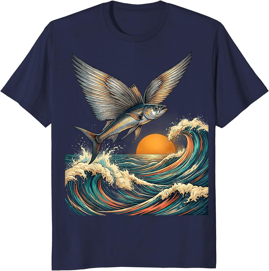 Flying Fish Tropical Ocean Waves Graphic T-Shirt - Navy Blue