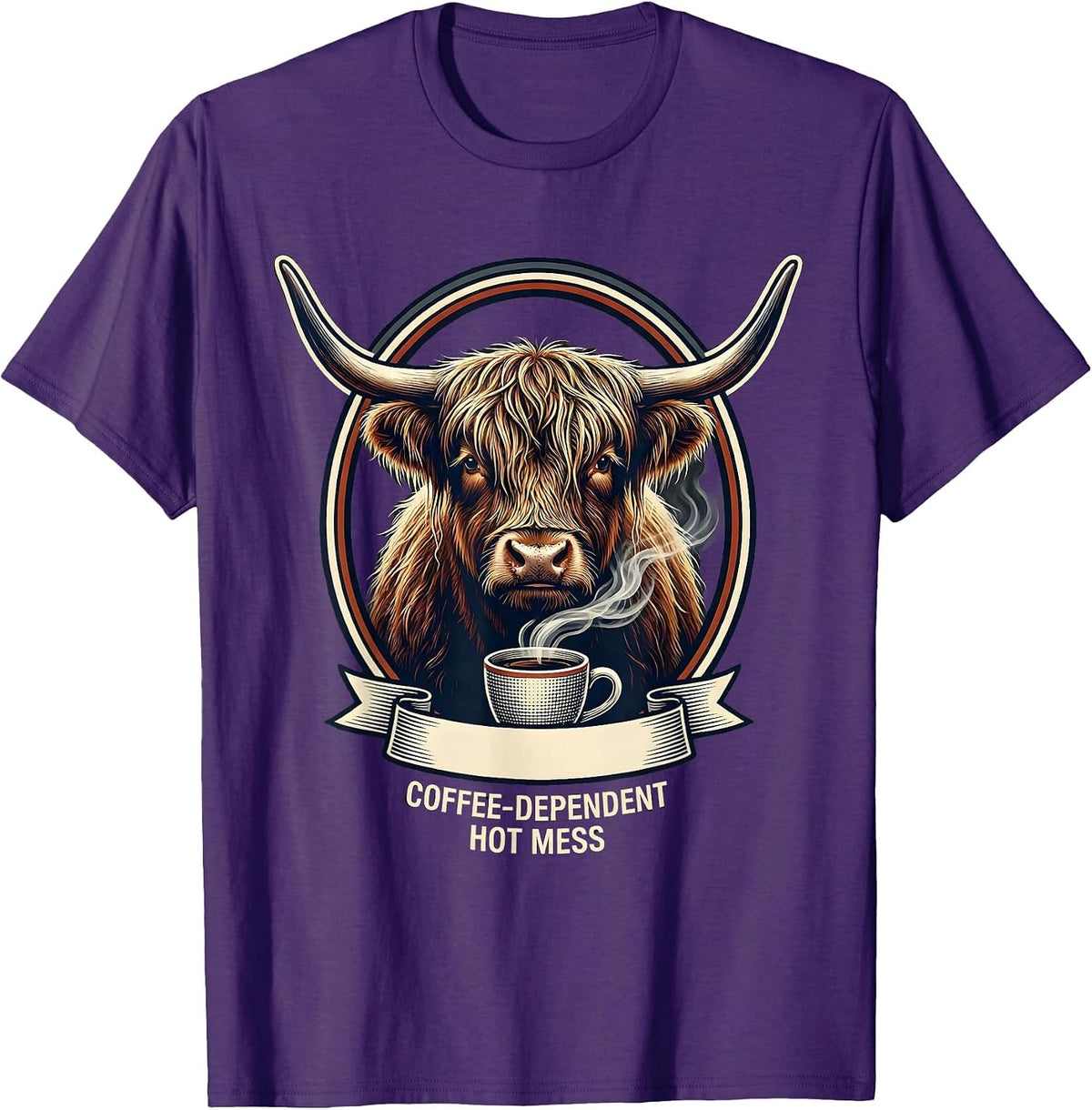 Coffee-Dependent Hot Mess Funny Highland Cow Coffee Lover T-Shirt - Purple