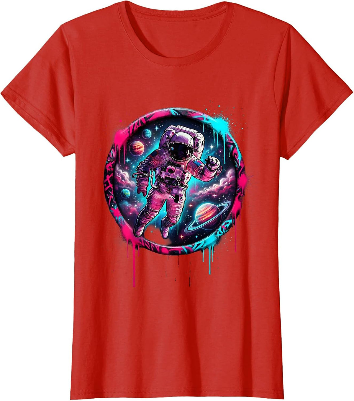 Women's Astronaut Floating in Outer Space Illustration T-Shirt - Red