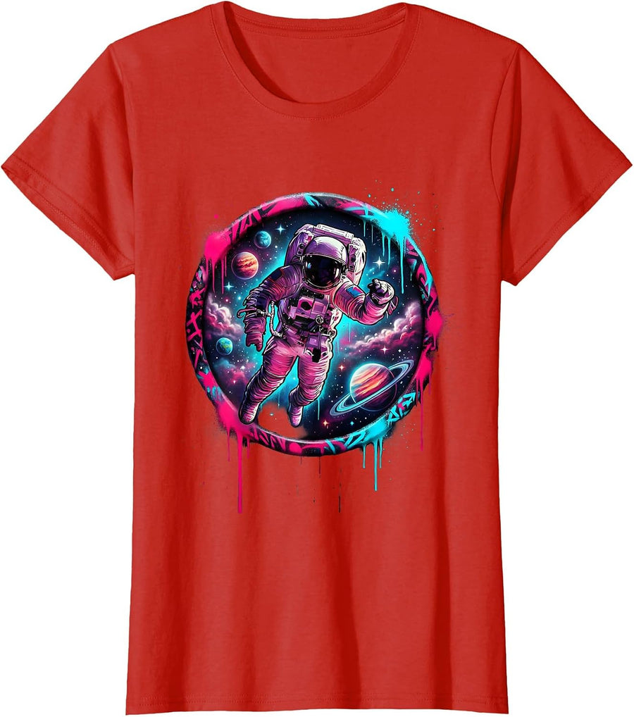 Women's Astronaut Floating in Outer Space Illustration T-Shirt - Red