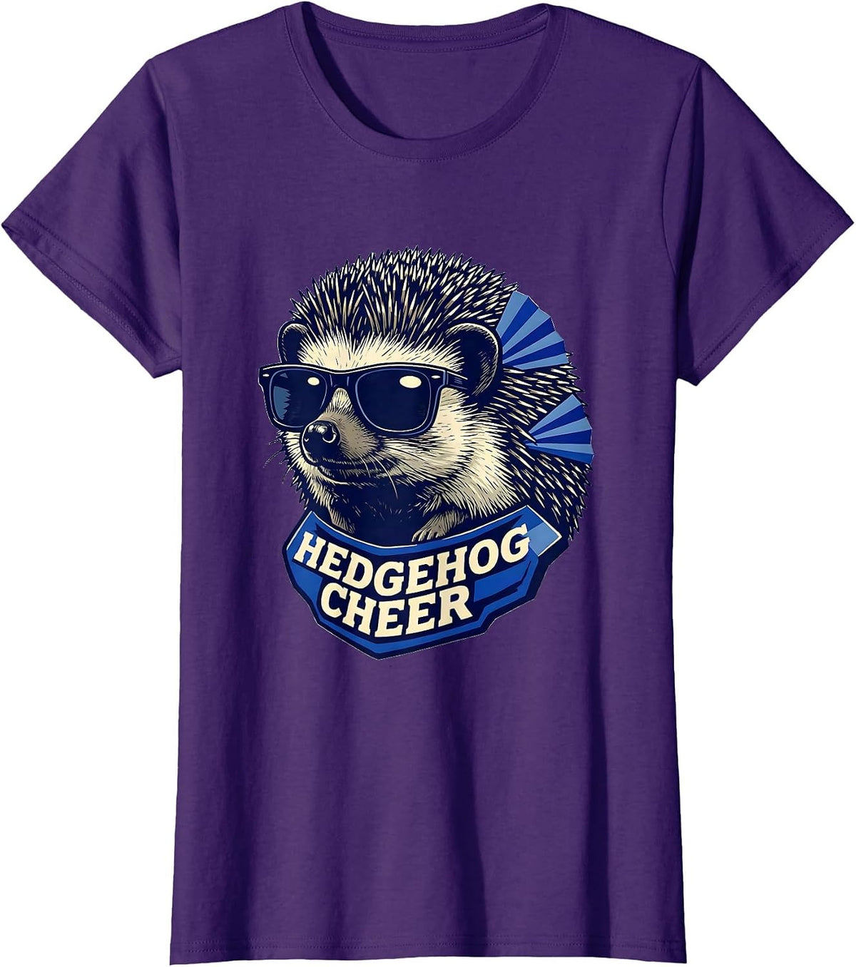 Women's Hedgehog Cheer Linocut Mascot Novelty Animal Team Spirit T-Shirt - Purple
