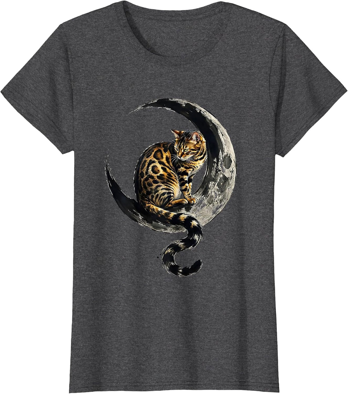 Women's Bengal Cat on Crescent Moon Lover Gift T-Shirt - Dark Heather Grey