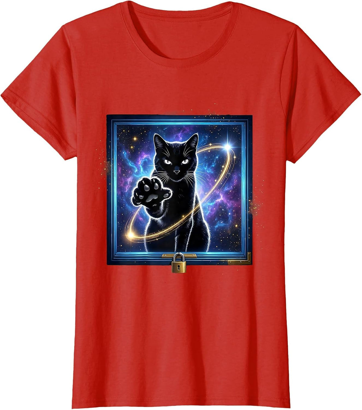Women's Cosmic Cat Quantum Physics Science Enthusiast Humor T-Shirt - Red