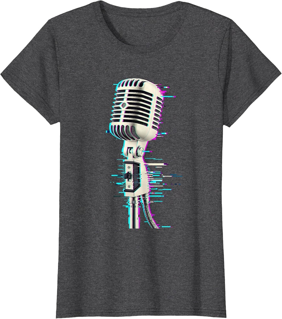 Women's Vintage Microphone Glitch Hip Hop Nostalgia Streetwear T-Shirt - Dark Heather Grey