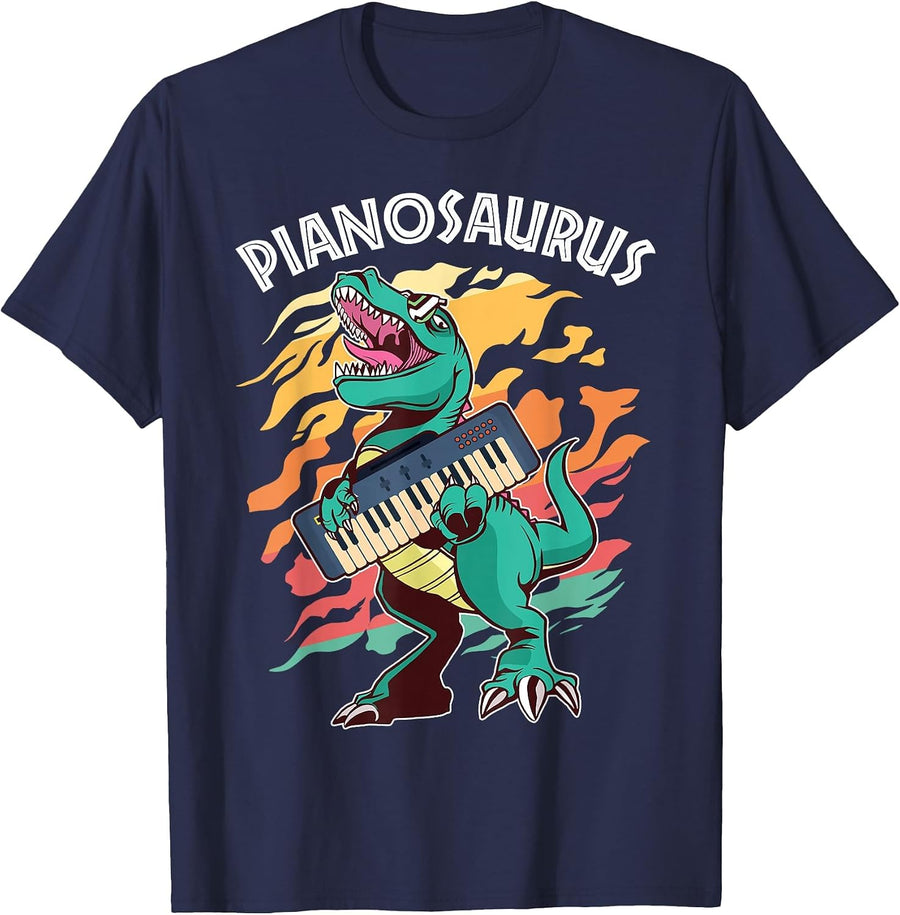 Pianosaurus Kids Pianist Dinosaur Music Piano T-Shirt - Navy Blue