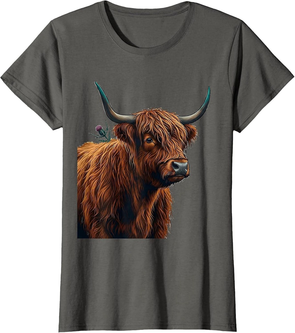 Women's Scottish Highland Cow Cute Shaggy Cow Lover Humor T-Shirt - Asphalt Grey