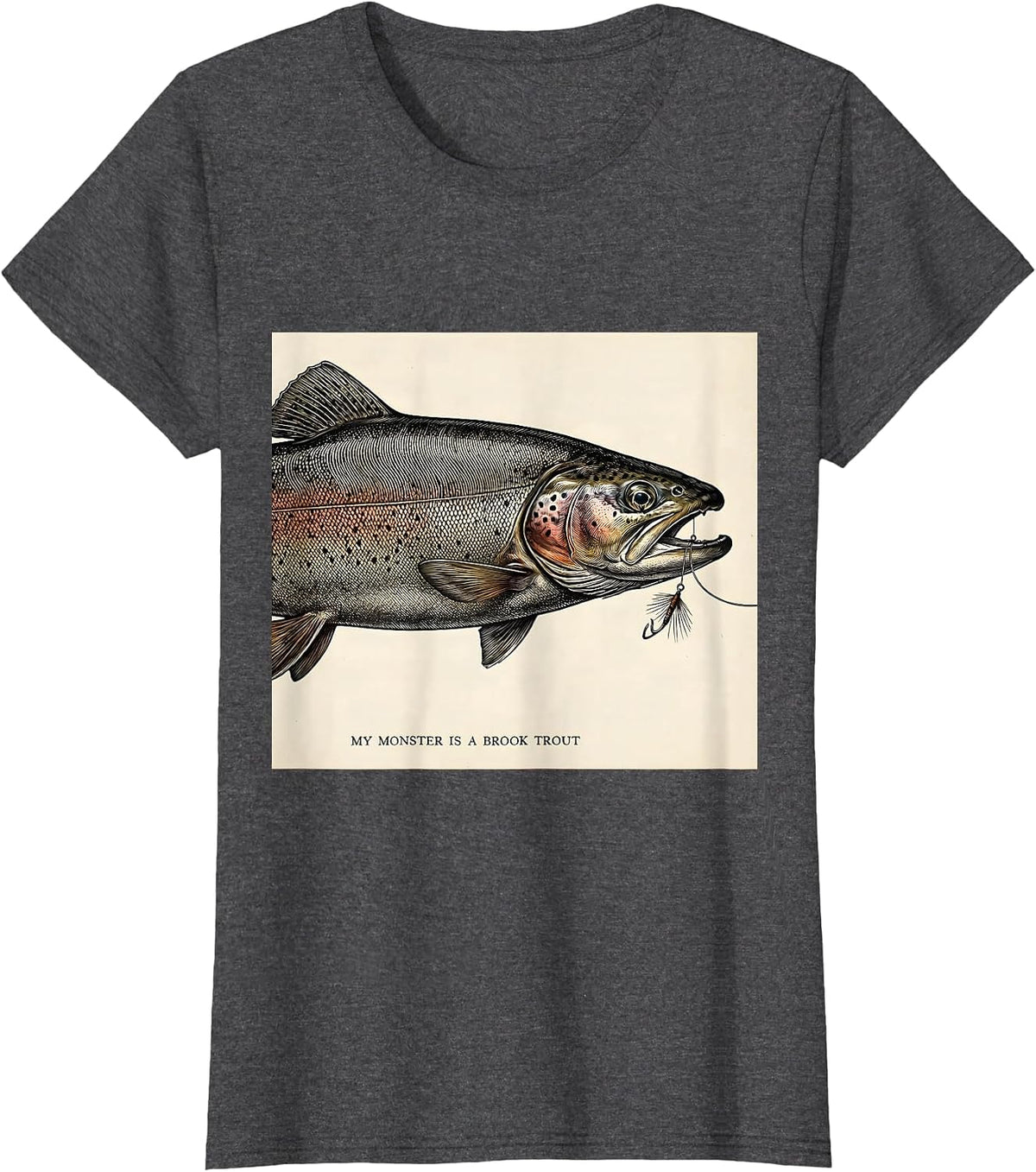 Women's My Monster Is A Brook Trout Spooky Halloween Fishing Humor T-Shirt - Dark Heather Grey