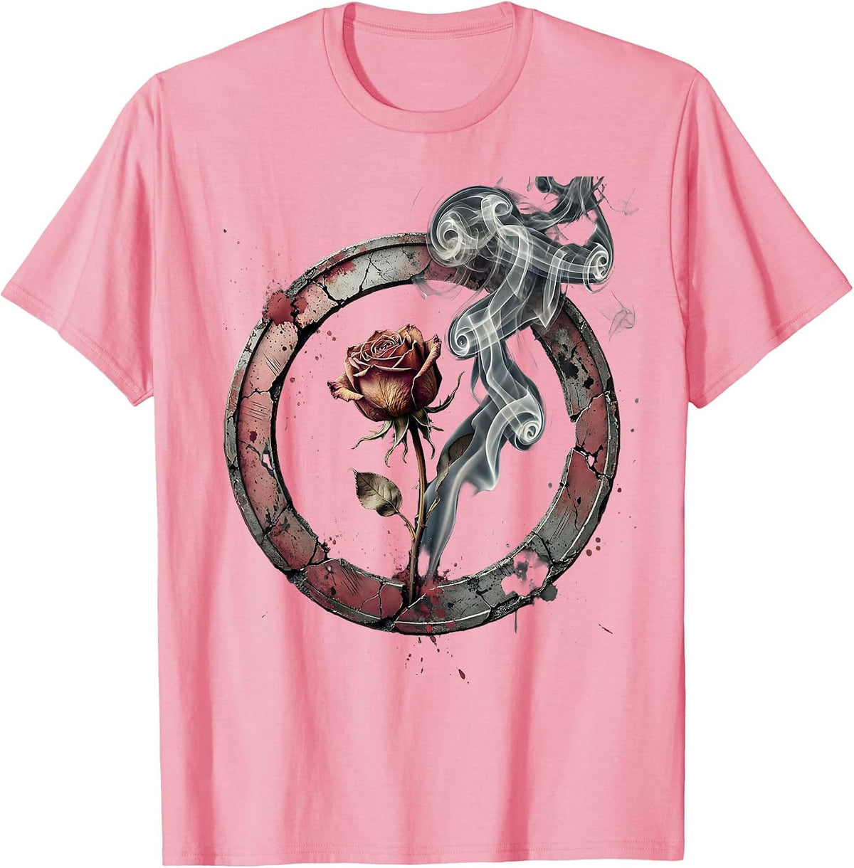 Wilting Rose Black Smoke Emo Gothic Design T-Shirt - Pink