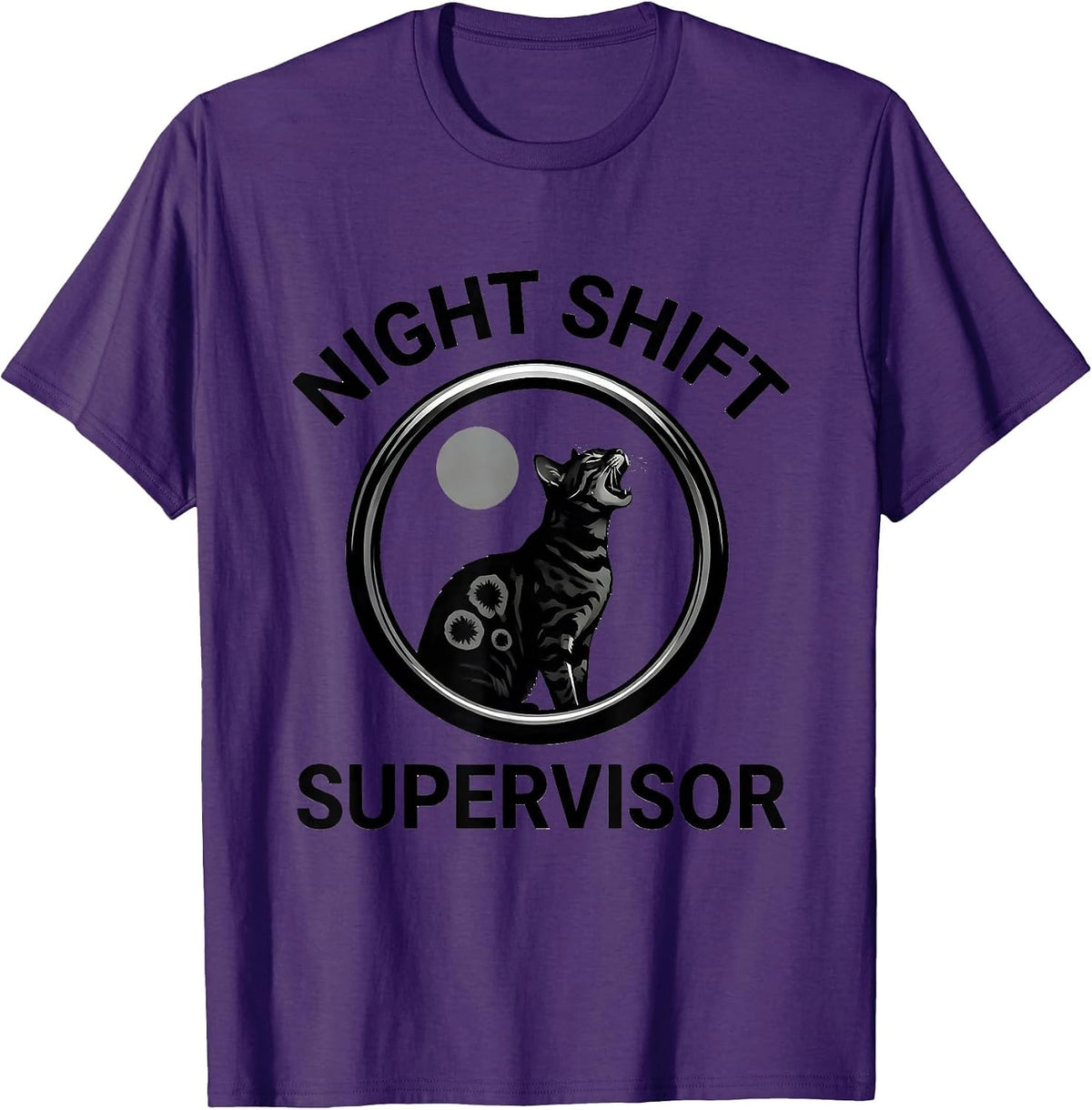 Night Shift Supervisor Funny Bengal Cat Howling At Moon T-Shirt - Purple