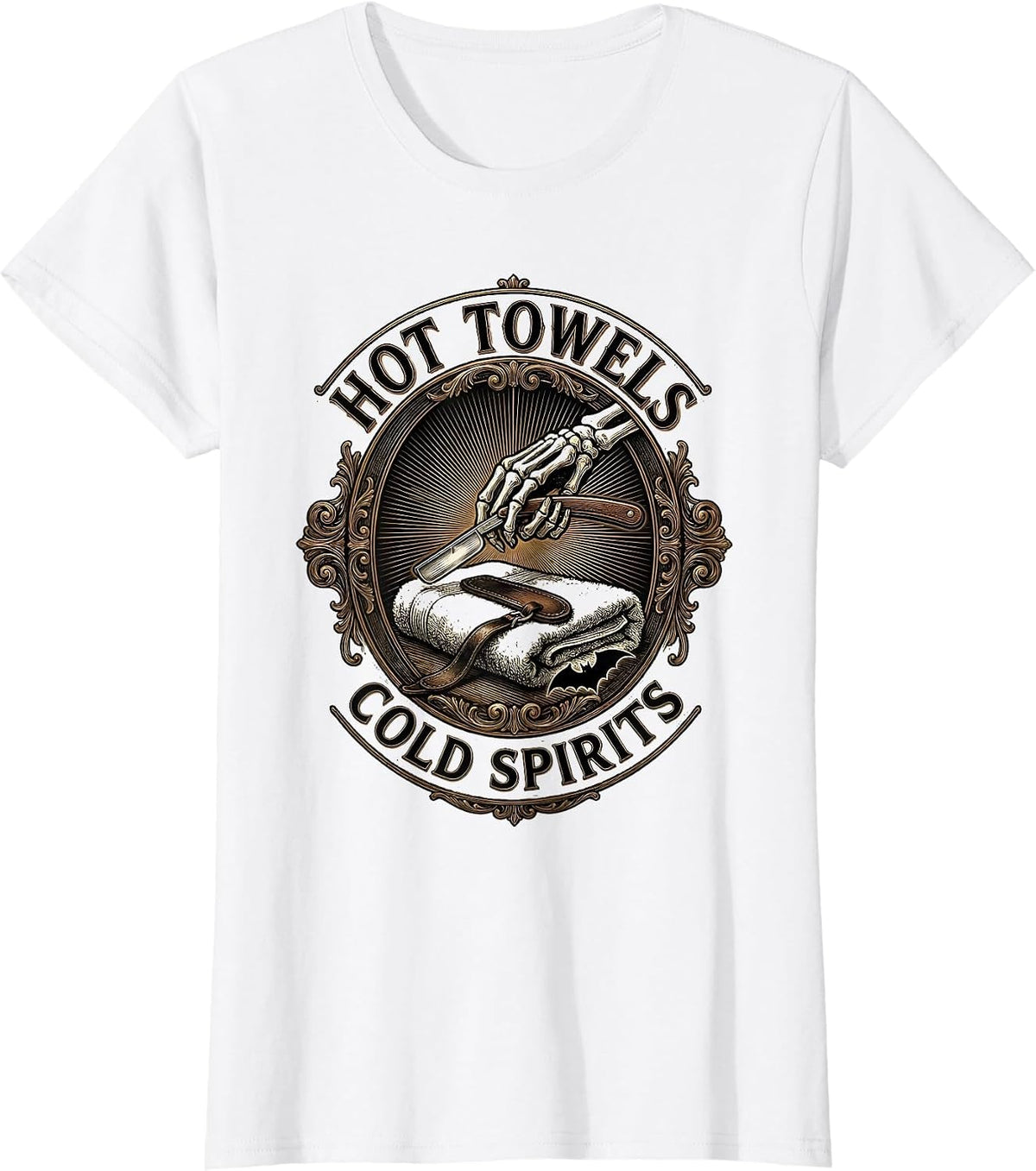 Hot Towels Cold Spirits Funny Skeleton Hairdresser Halloween T-Shirt - White
