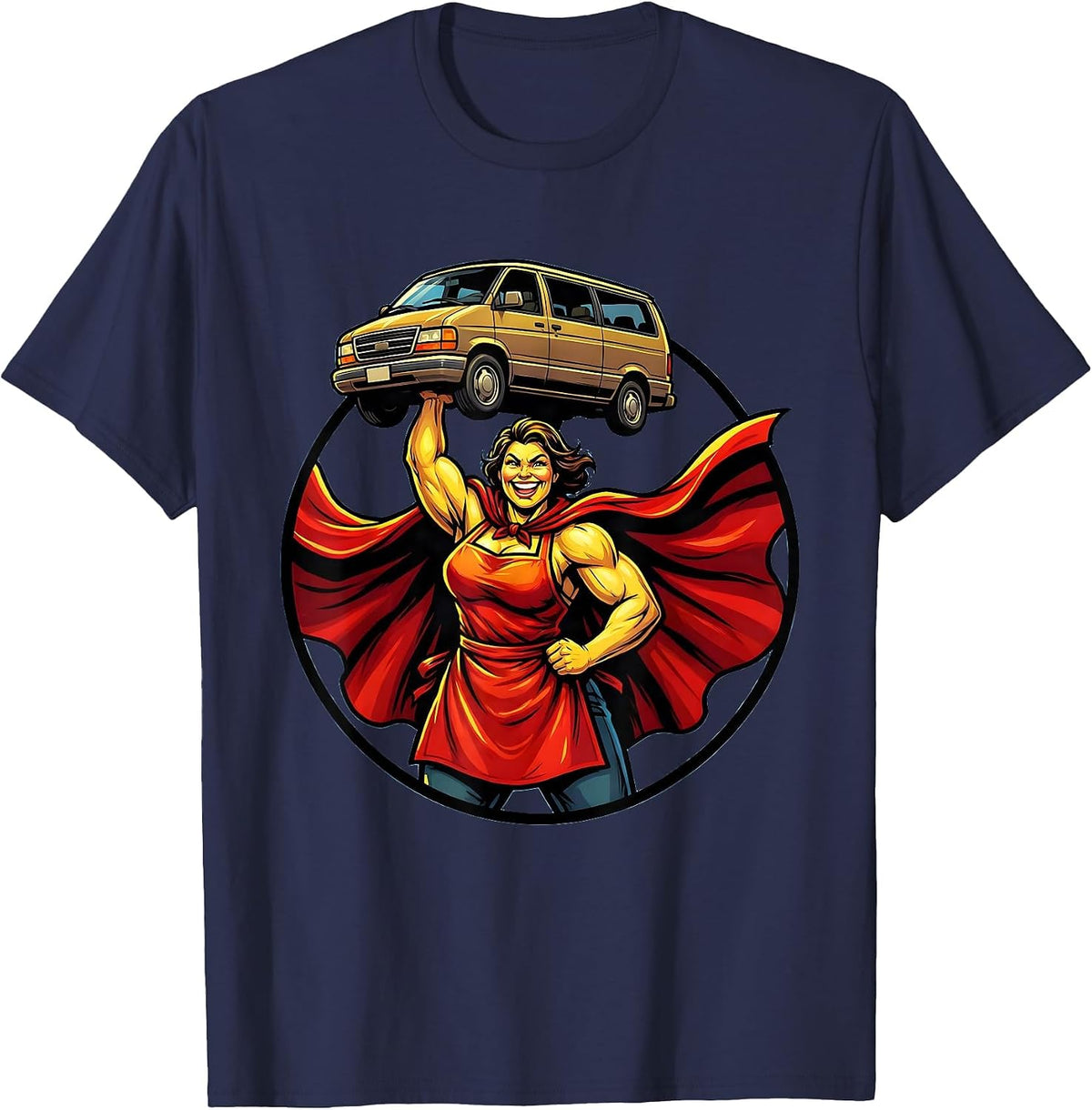 Men's Super Mom Caped Hero Lifting Minivan Graphic T-Shirt - Navy Blue