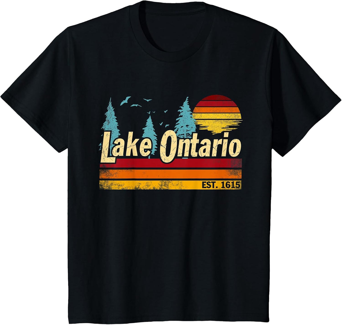 Lake Ontario T-Shirt Men Women Vintage Sunset Tees Retro EST 1615 Graphic Tee - Black