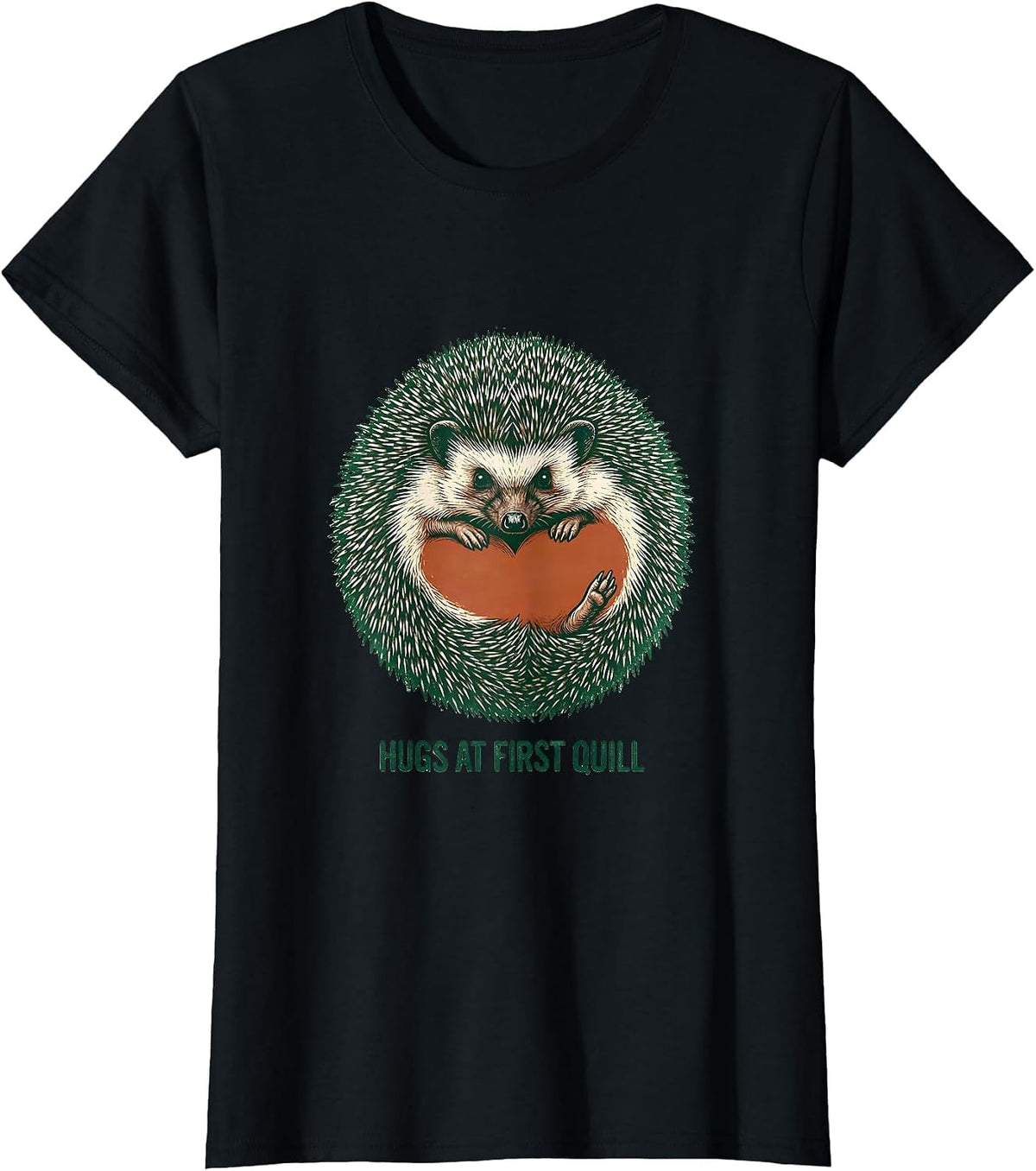 Hugs At First Quill Cute Hedgehog Lover Whimsical Humor T-Shirt - Black