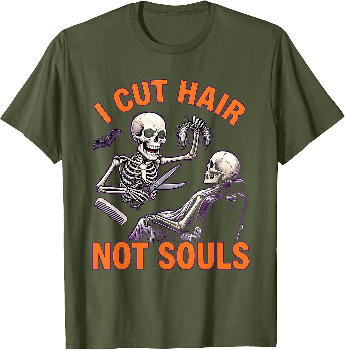 I Cut Hair, Not Souls Cartoon Skeleton Hairstylist Halloween T-Shirt - Olive Green