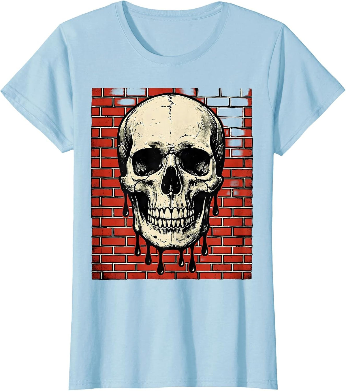 Women's Grunge Dripping Skull on Exposed Brick T-Shirt - Baby Blue