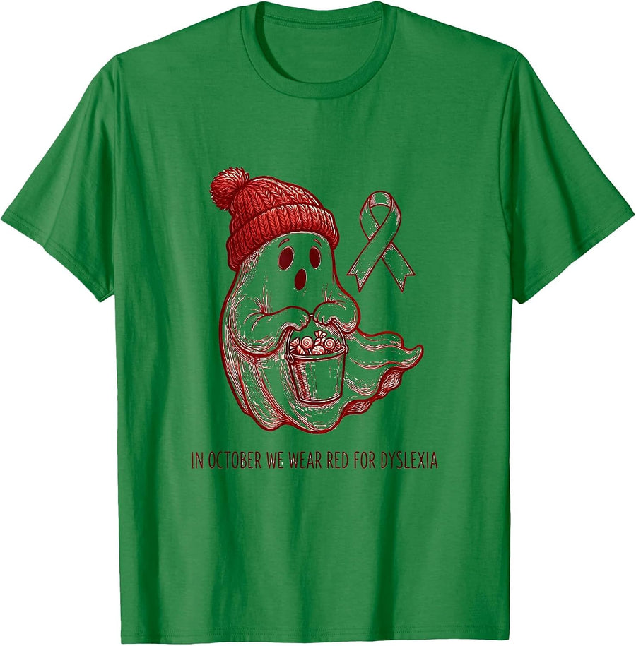 Men's In October We Wear Red for Dyslexia Line Art Dyslexia T-Shirt - Kelly Green