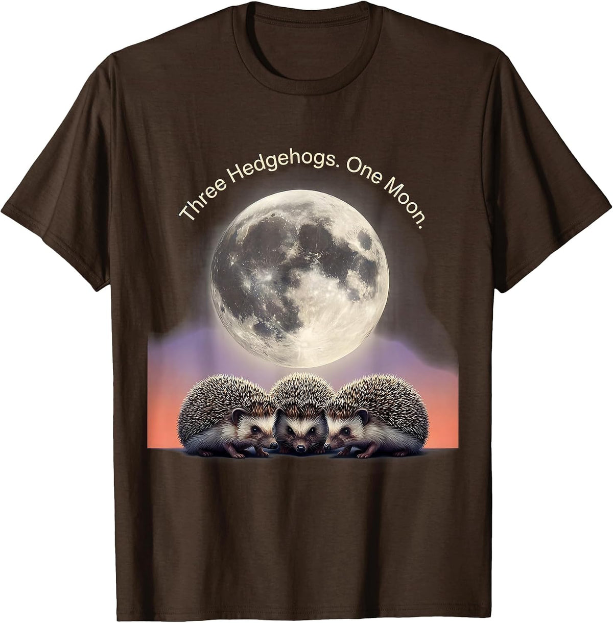 Three Hedgehogs One Moon Funny Hedgehog Meme Pet Lover Humor T-Shirt - Brown