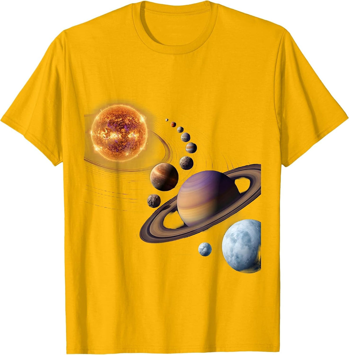 Men's Glowing Solar System Planets Aligned Space Art T-Shirt - Golden Yellow