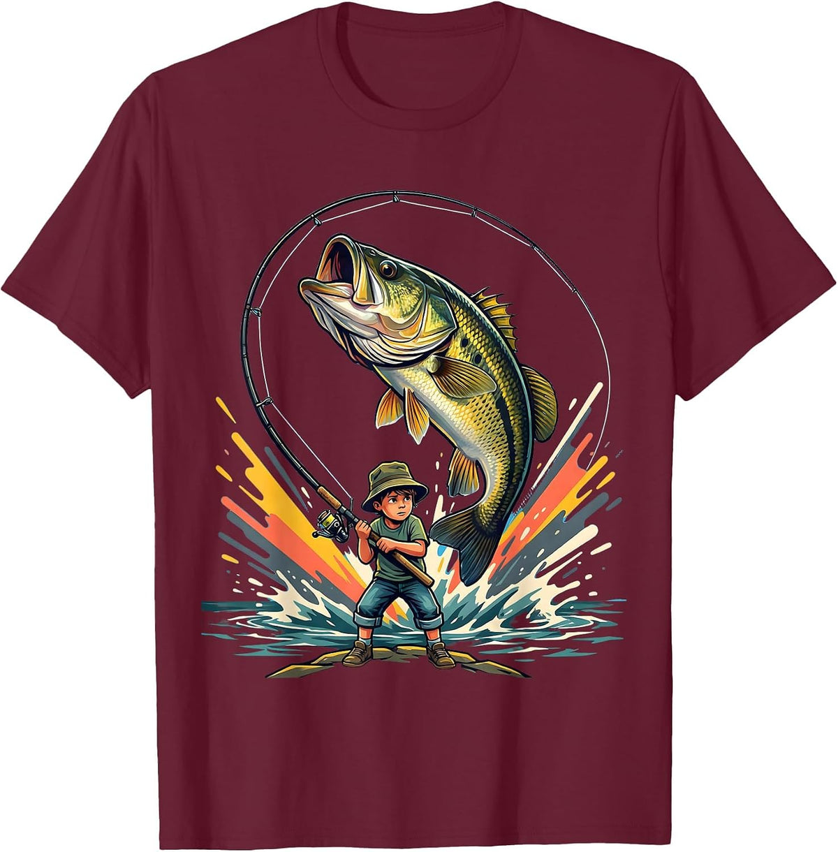 Men's Boys Fishing Young Angler Reeling In Giant Bass T-Shirt - Burgundy
