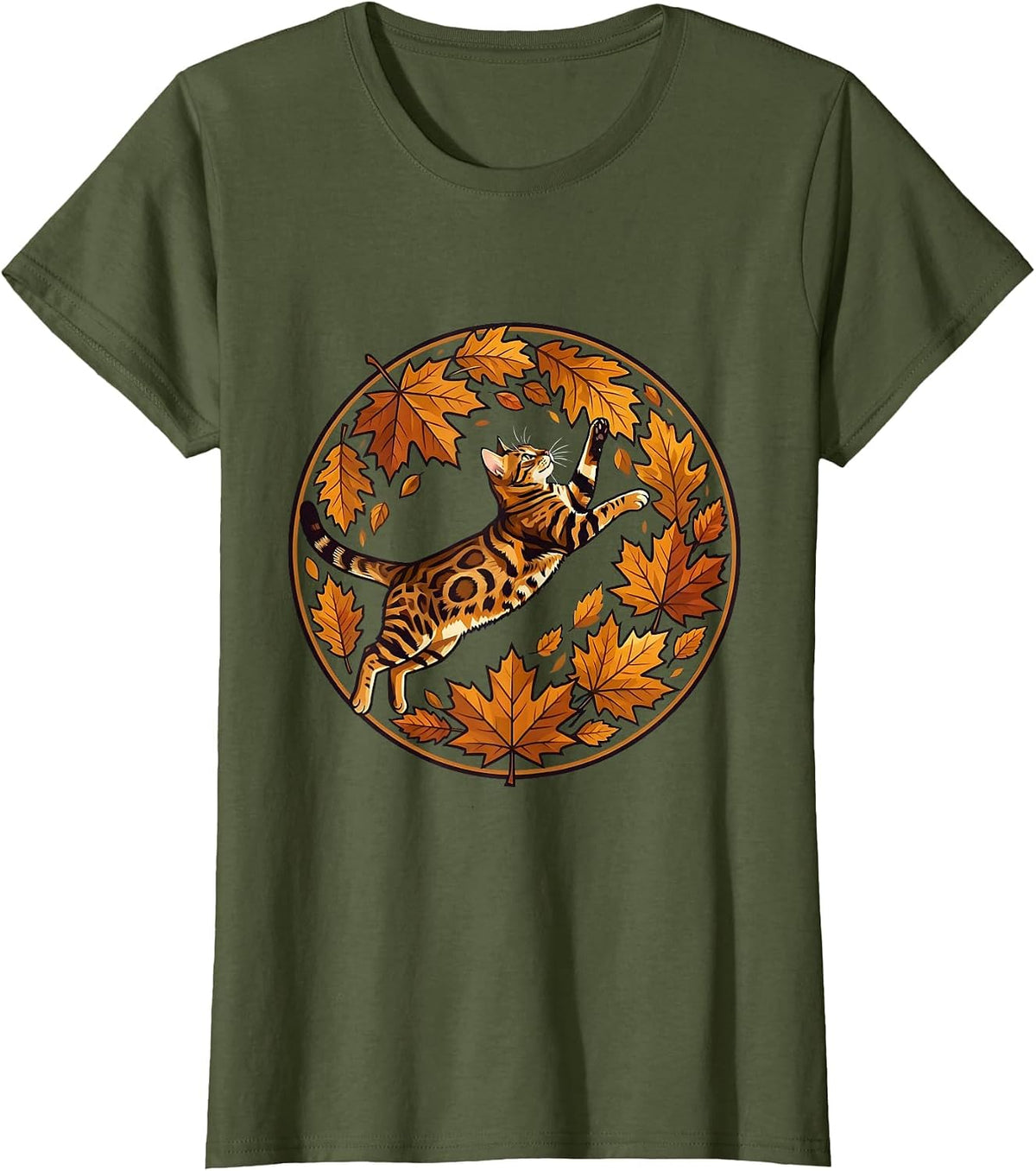 Women's Bengal Cat Chasing Autumn Leaves Fall Design T-Shirt - Olive Green
