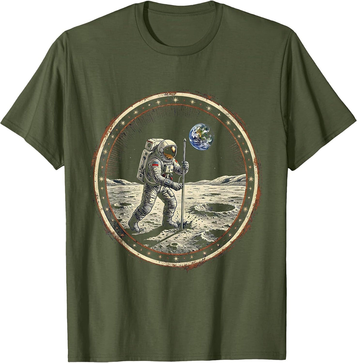 Astronaut Planting Flag on the Moon Illustration T-Shirt - Olive Green