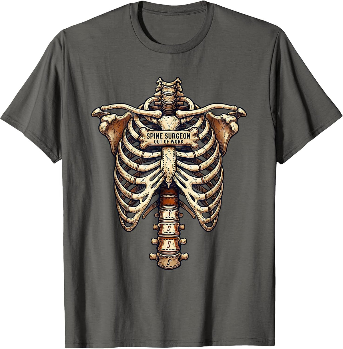 Men's Spine Surgeon Out Of Work Halloween Skeleton Pun T-Shirt - Asphalt Grey