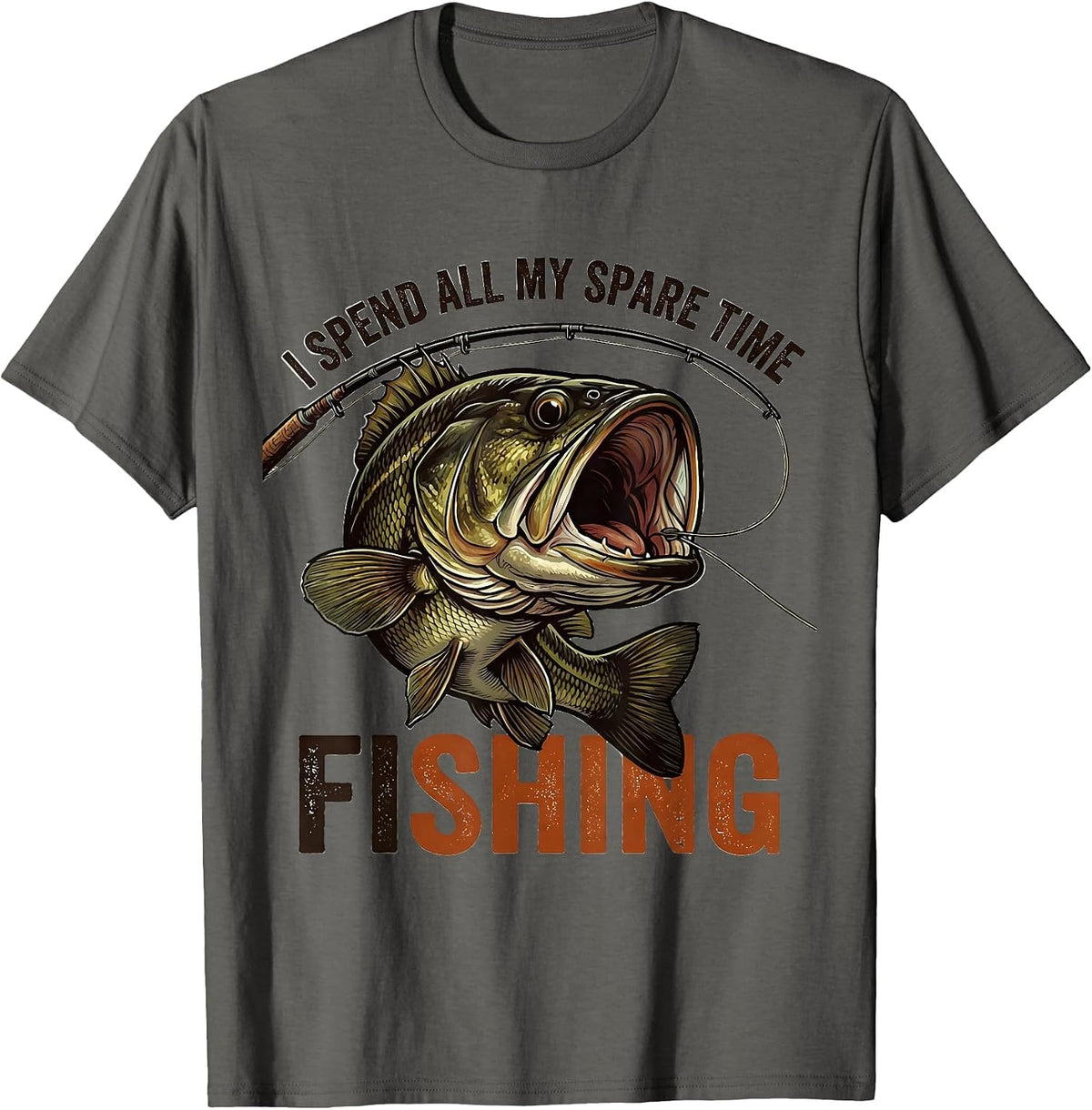 Men's I Spend All My Spare Time Fishing Funny Distressed Bass T-Shirt - Asphalt Grey