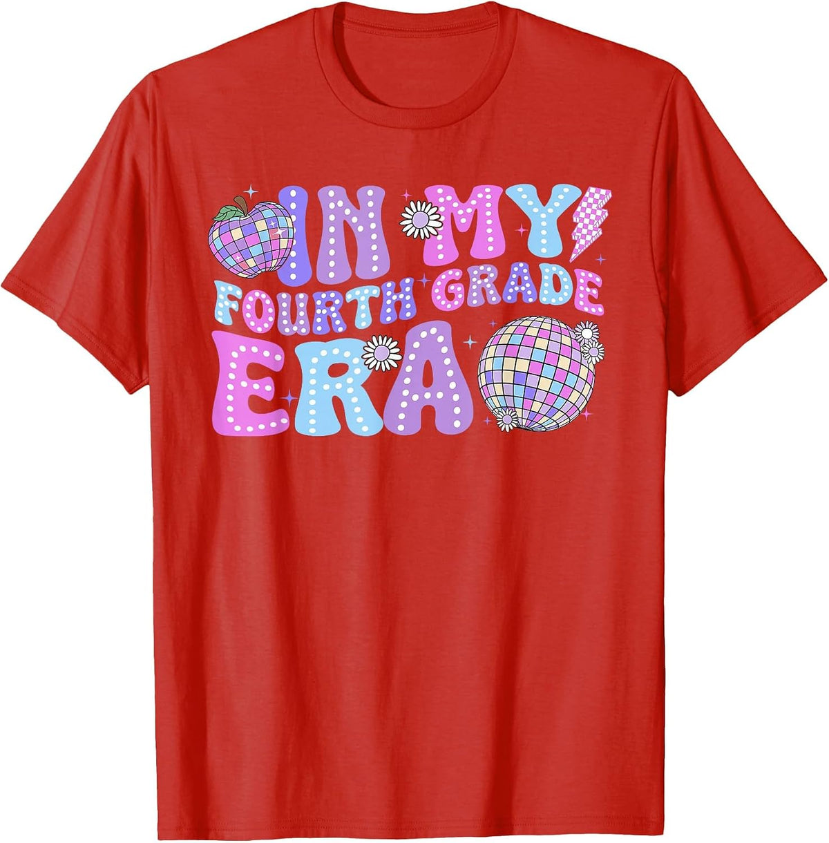 in My Fourth Grade Era Retro Back to School Disco Ball T-Shirt - Red