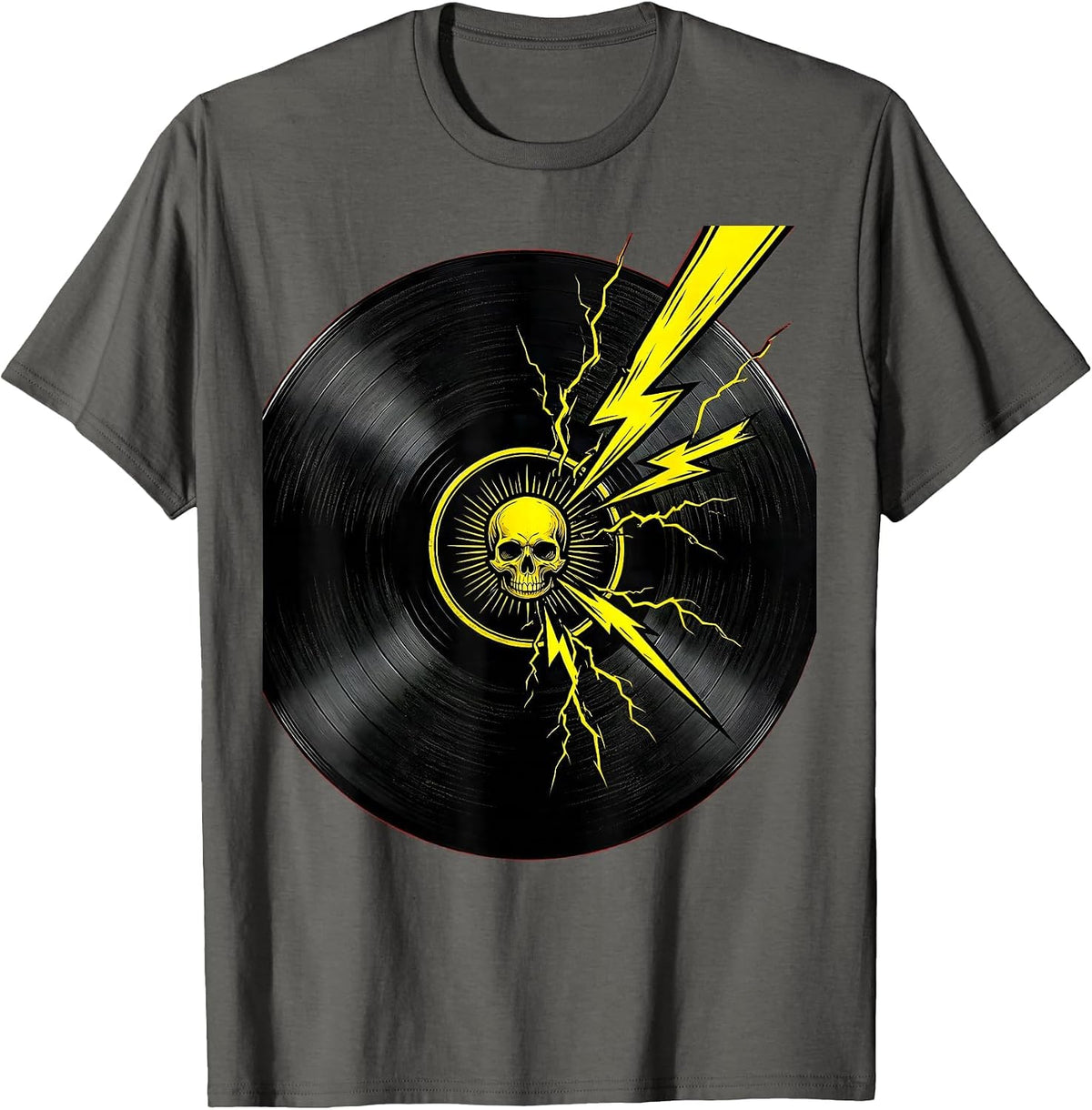 Men's Cracked Vinyl Record Lightning Rock Band Graphic T-Shirt - Asphalt Grey