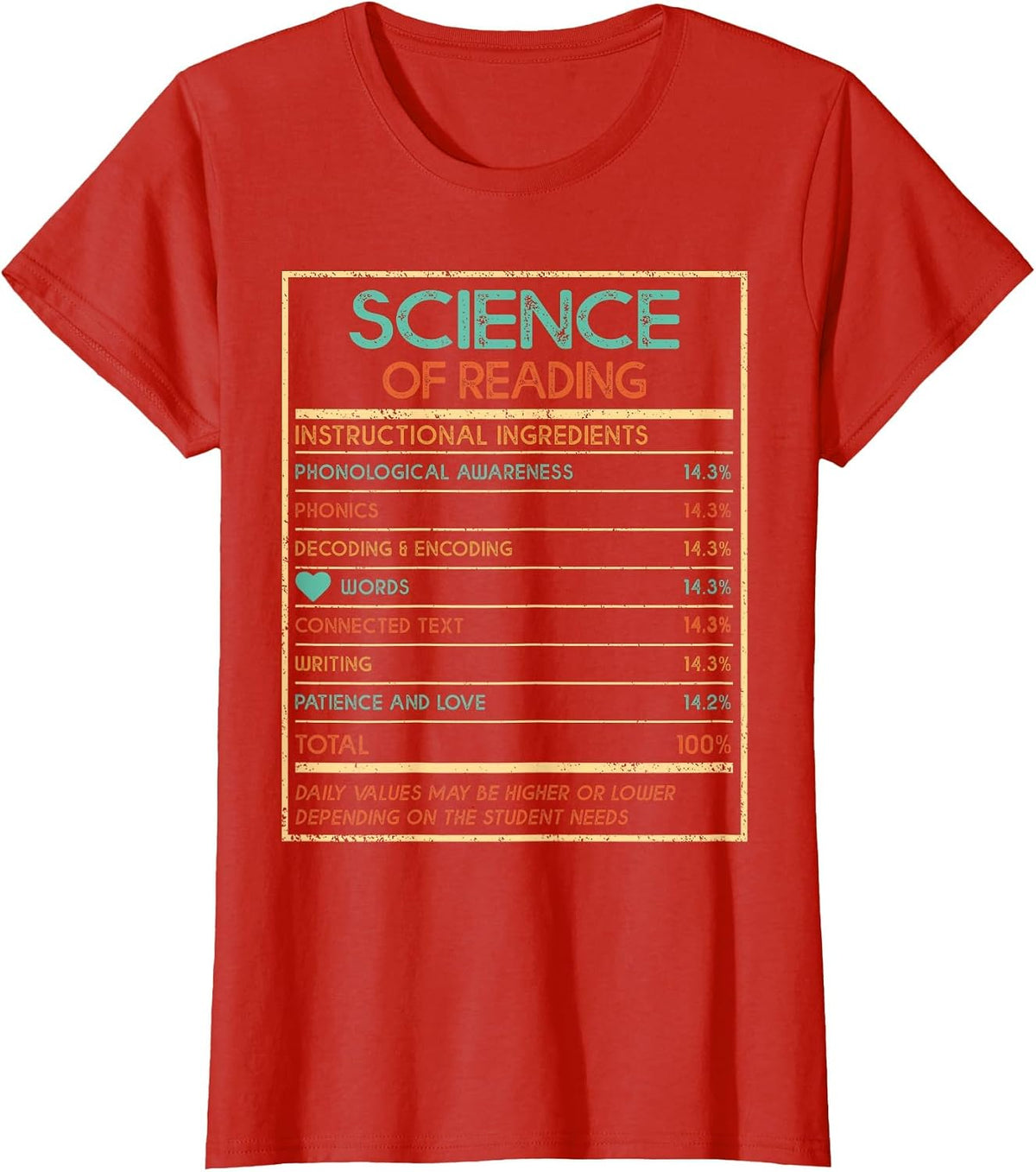 Reading Teacher Funny Science of Reading Nutrition Facts T-Shirt - Red