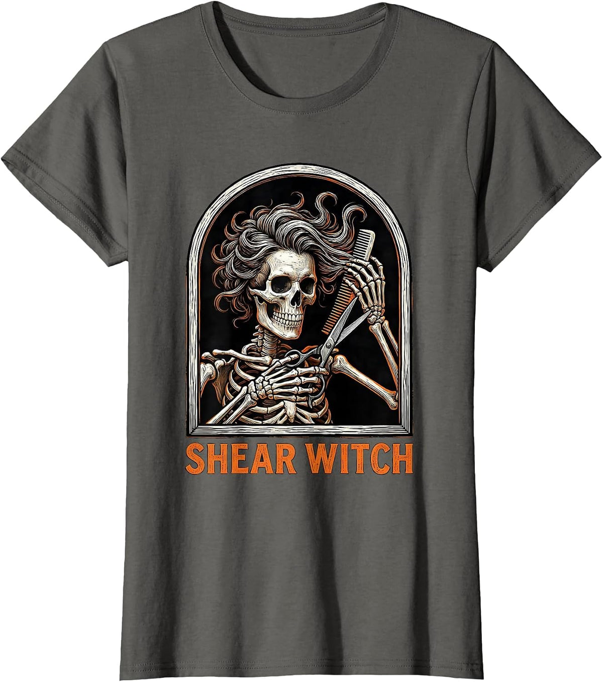 Women's Shear Witch Funny Skeleton Hairdresser Halloween Barber T-Shirt - Asphalt Grey