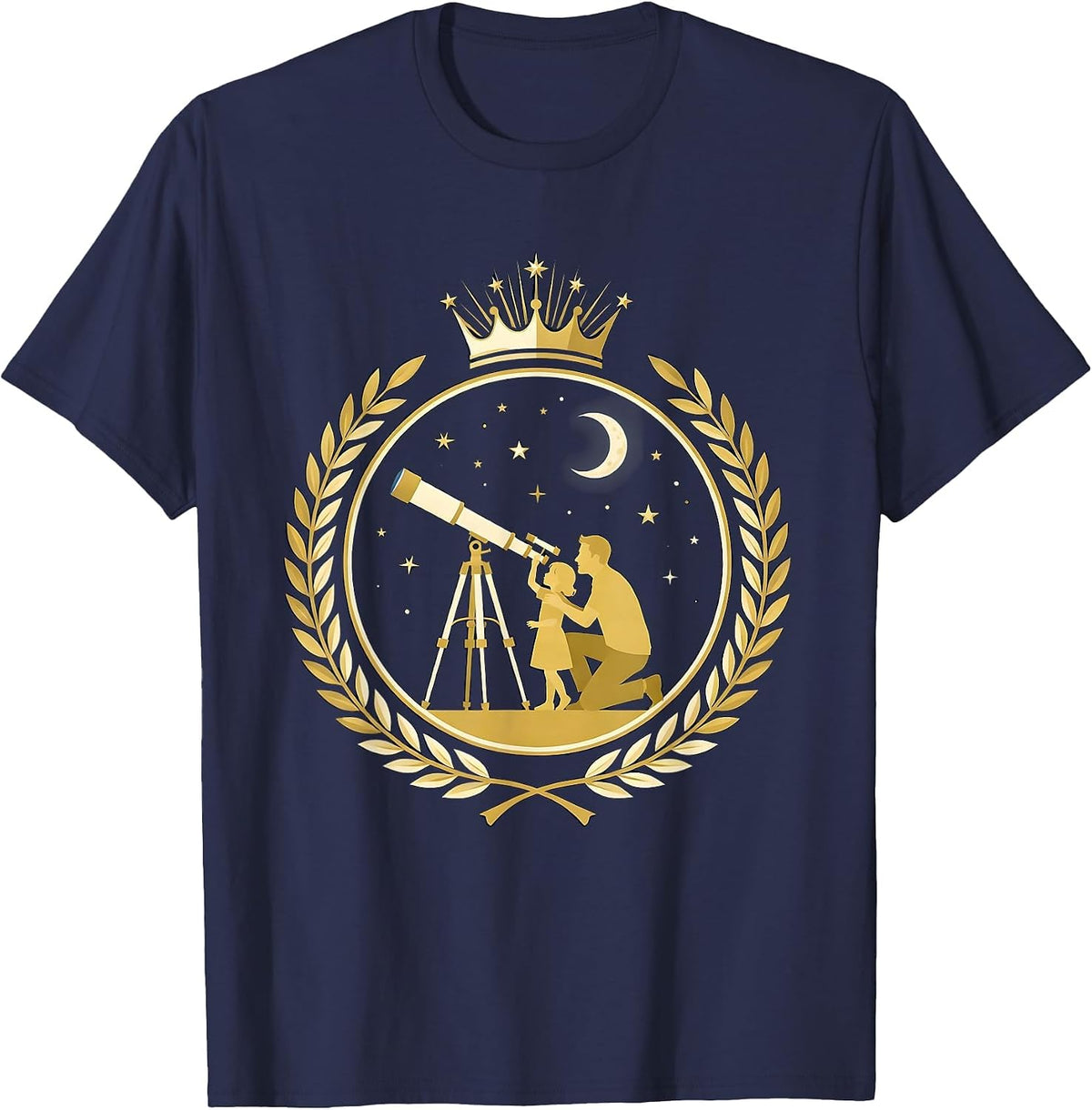 Father Child Stargazing Telescope Night Sky Design T-Shirt - Navy Blue