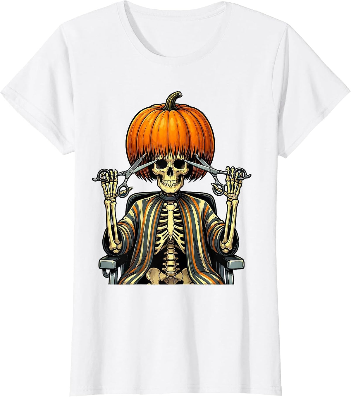 Pumpkin Skull Hairstylist Halloween Barber Humor T-Shirt - White