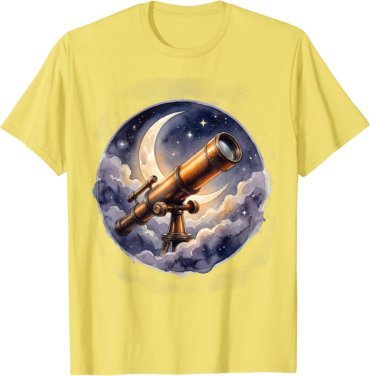 Men's Telescope Crescent Moon Stargazing Astronomy Design T-Shirt - Lemon Yellow