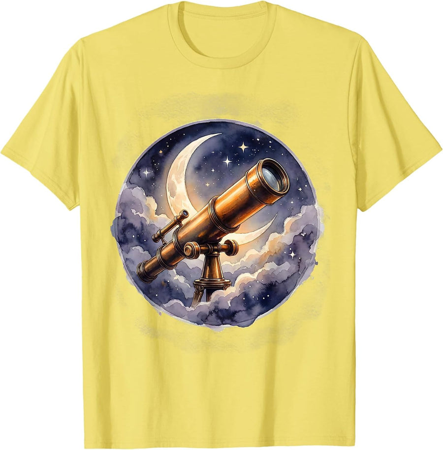 Men's Telescope Crescent Moon Stargazing Astronomy Design T-Shirt - Lemon Yellow