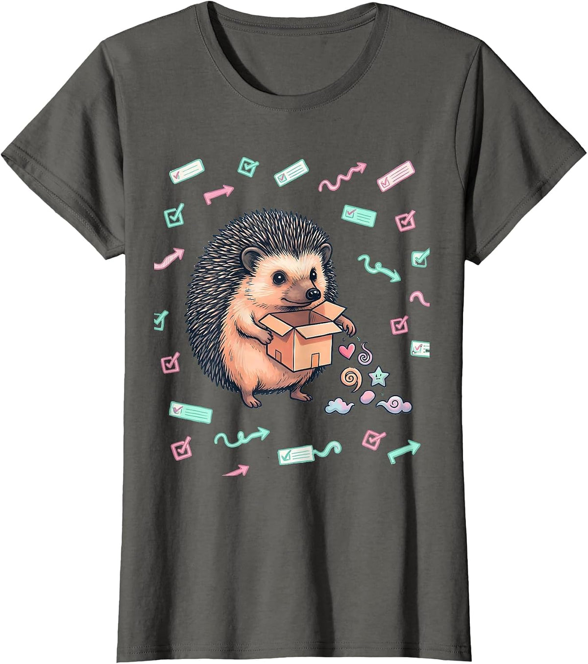 Women's Round Hedgehog Party Favor Box Kawaii Doodle Valentine T-Shirt - Asphalt Grey