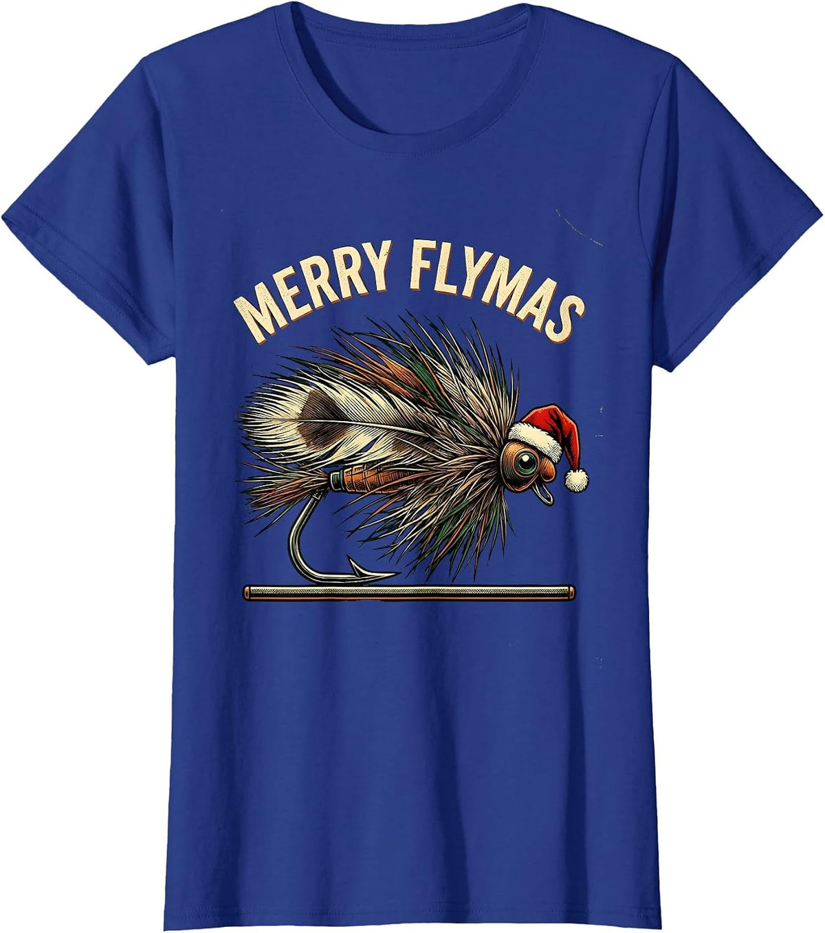 Women's Merry Flymas Vintage Fishing Fly Christmas Humor Ugly T-Shirt - Royal Blue