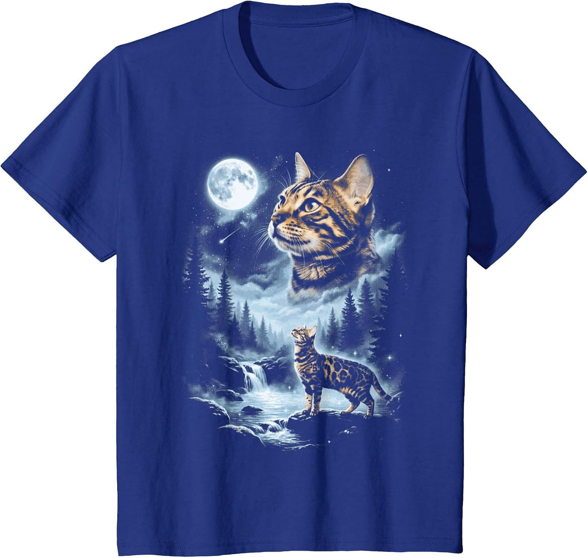 Bengal Cat Howling at the Moon, Funny Halloween Design T-Shirt - Royal Blue