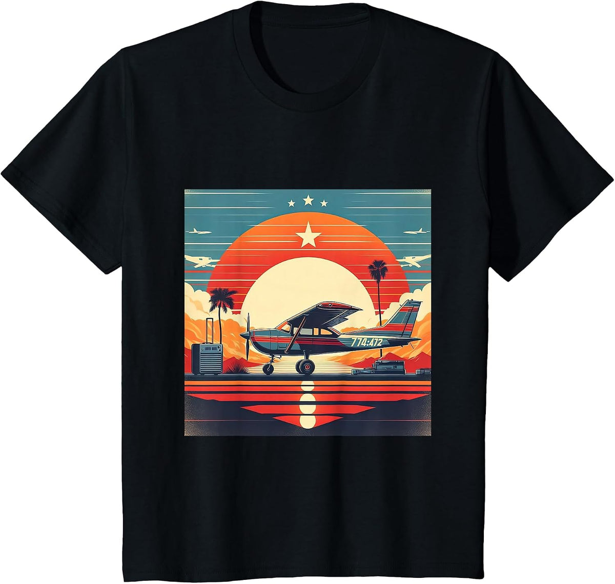 C-172 Skyhawk Vintage C172 Airplane Retro Sunset Pilot T-Shirt - Black