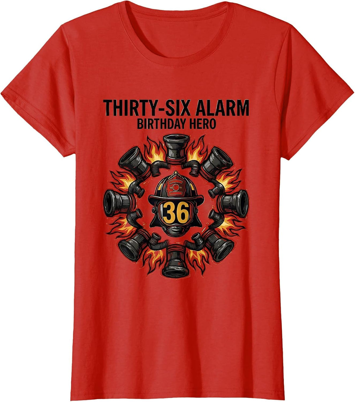 Women's Thirty-Six Alarm Birthday Hero Linocut Firefighter Toddler T-Shirt - Red