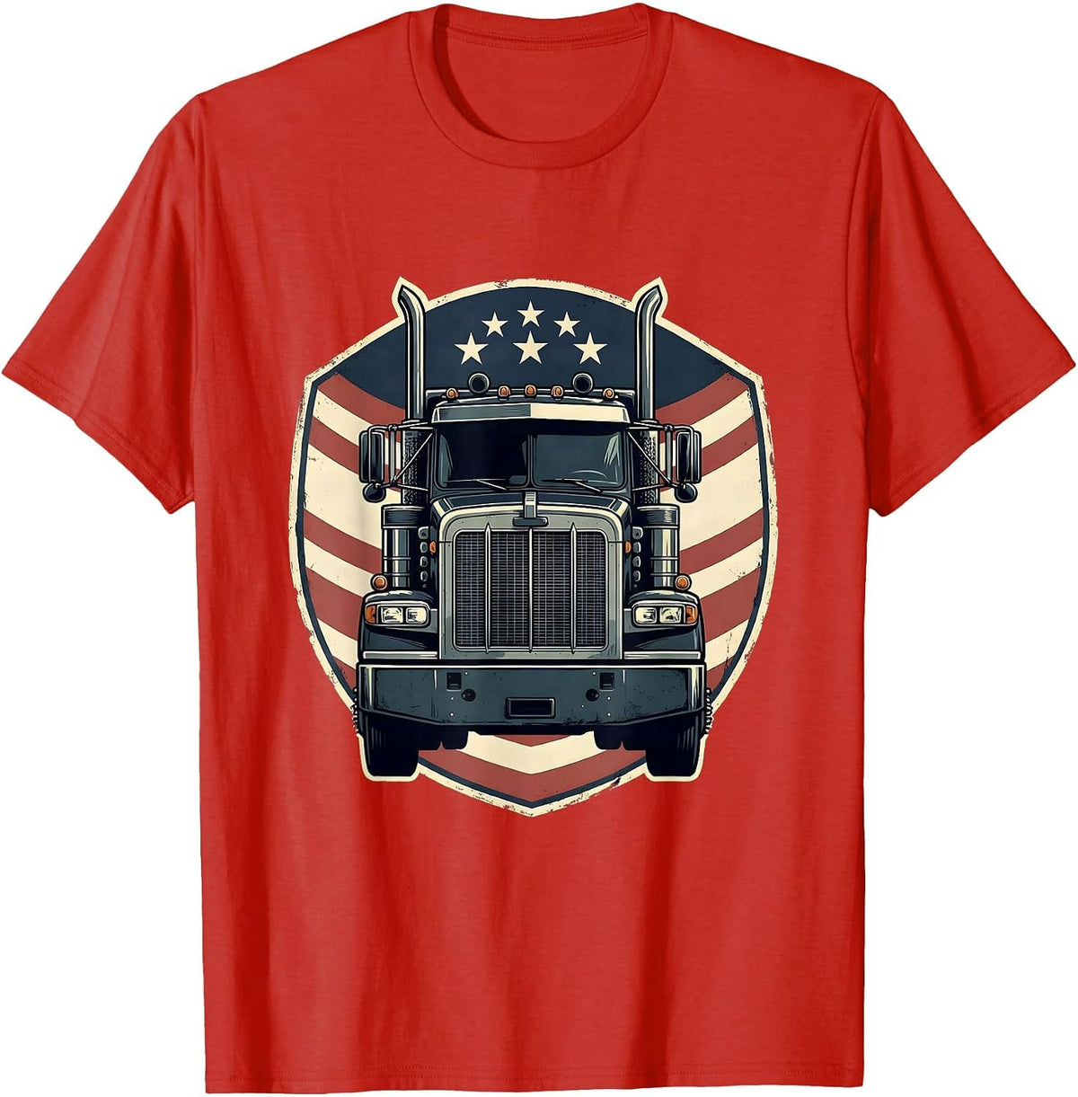 Men's Semi Truck Crest American Flag Patriotic Driver T-Shirt - Red